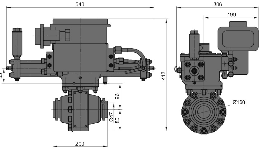 Рис.1. Габаритные и присоединительные размеры крана шарового DN 50 PN 100 c пневматическим приводом