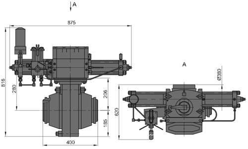 Рис.1. Габаритные и присоединительные размеры крана шарового DN 150 PN 100 с пневматическим приводом