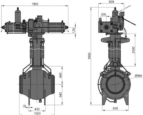 Рис.1. Габаритные и присоединительные размеры крана шарового DN 500 PN 100 с пневматическим приводом для подземной установки